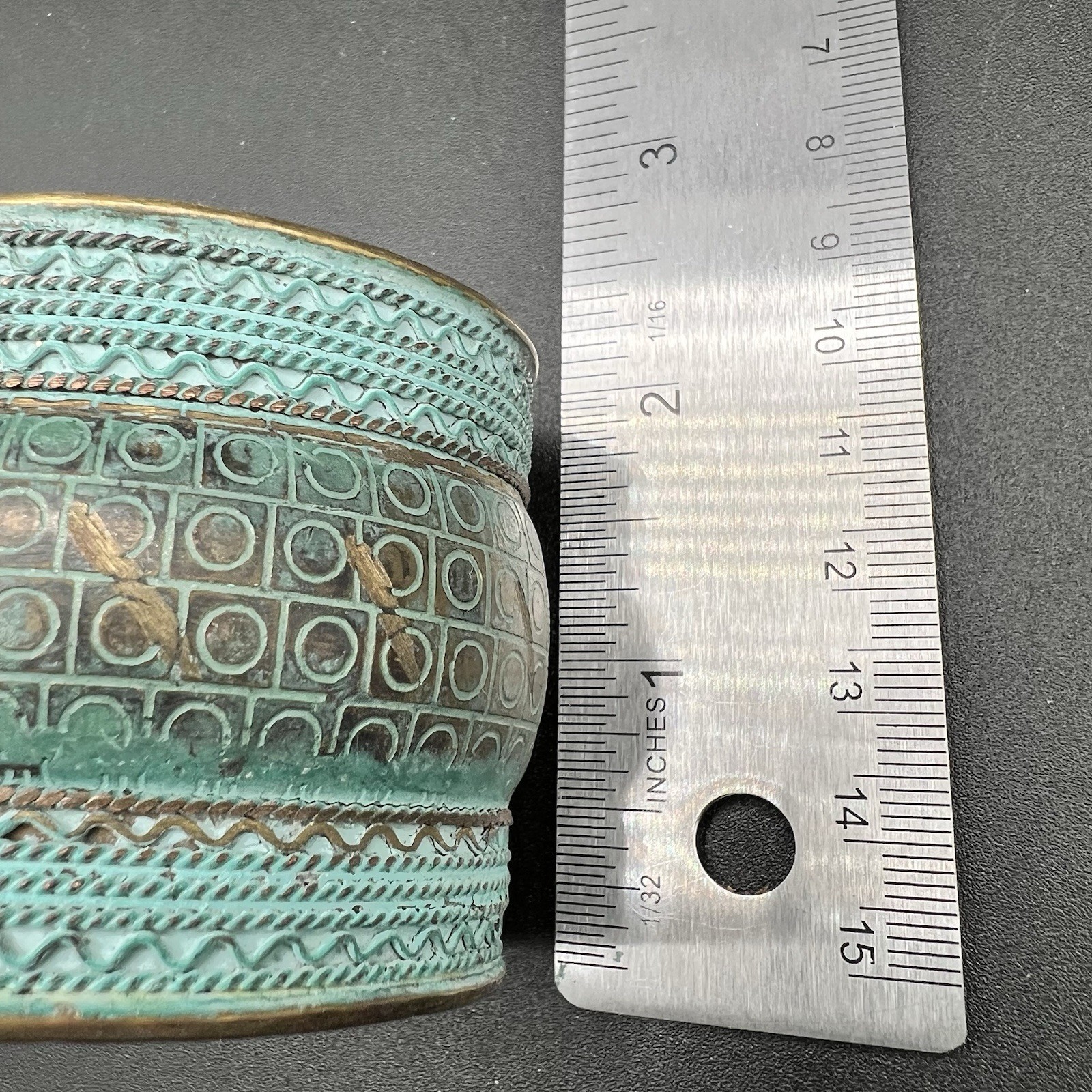 Wide Embossed CopperTone Cuff Bracelet Verdigris Patina Tribal Artisan Statement