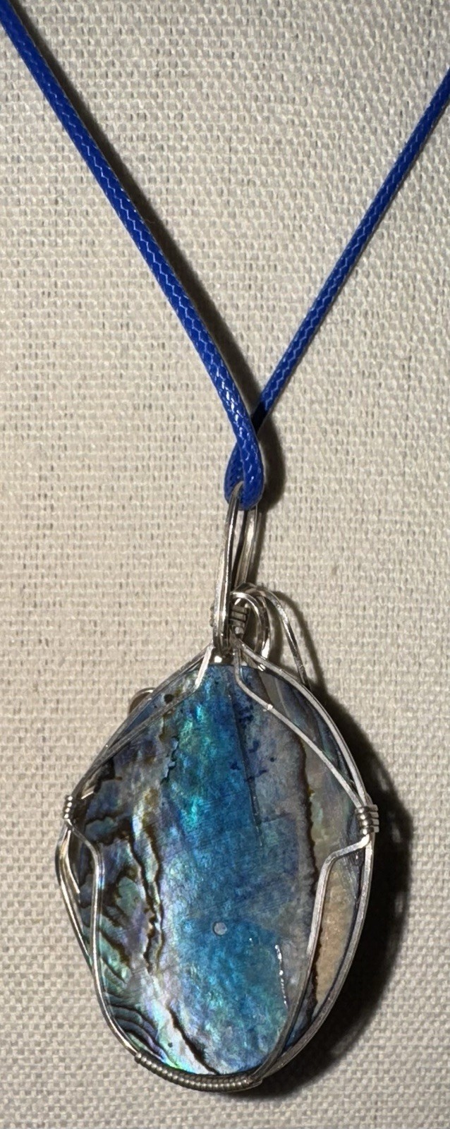 Vintage Sterling Silver Wire Blue Abalone Paua Shell Pendant On Cord Necklace