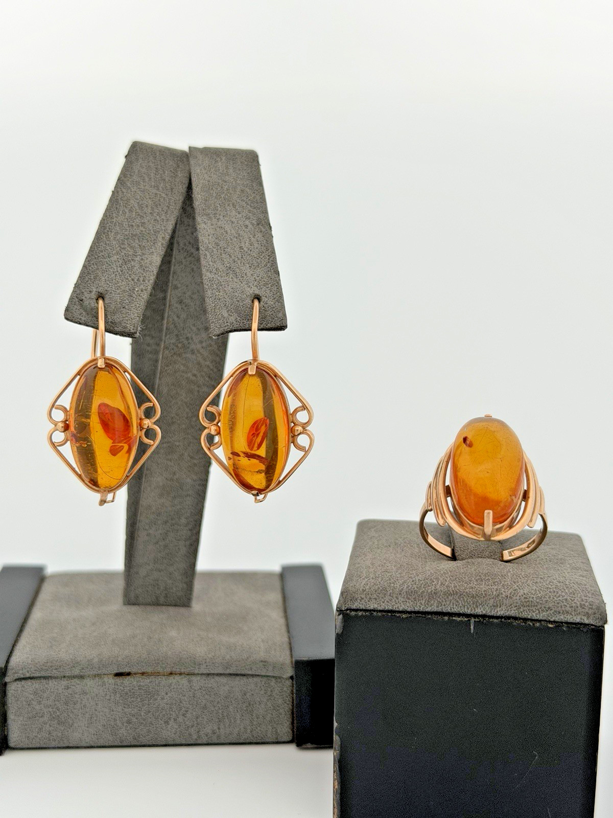 Vintage Russia 14K 585 Rose Pink Gold Honey Amber Earrings And Ring Set