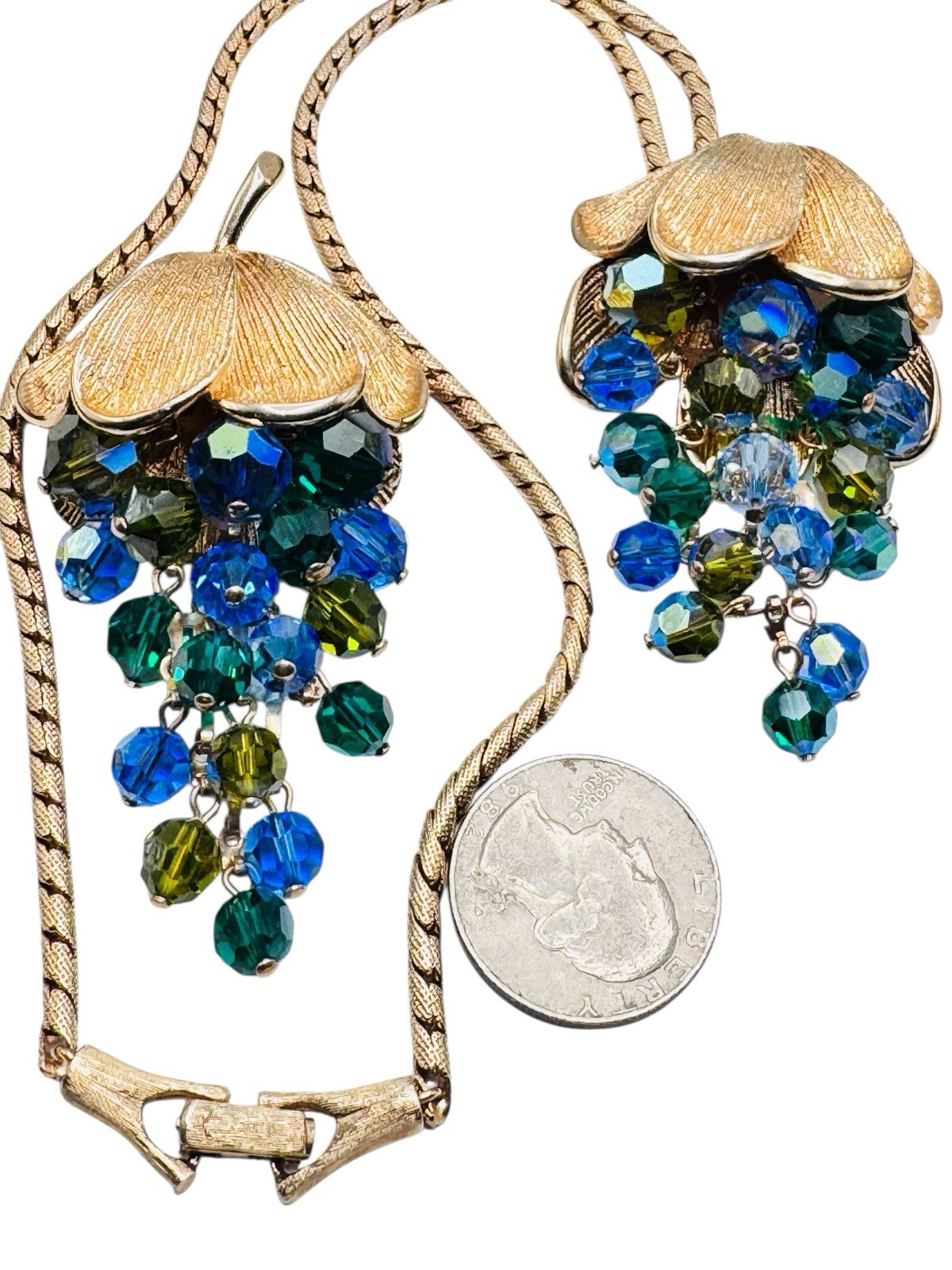 Vintage Schrager Blue Green AB Glass Dangle Bead Necklace Brooch Earrings Set
