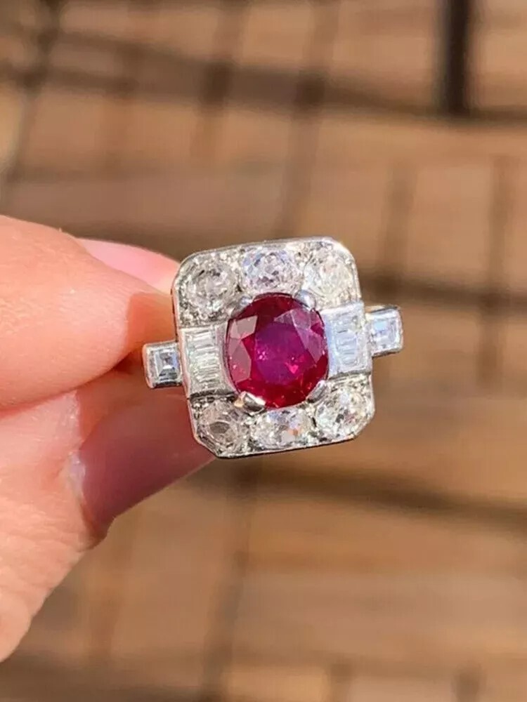 Art Deco Vintage Ruby & Lab Created Diamond Engagement 14K White Gold FN Ring