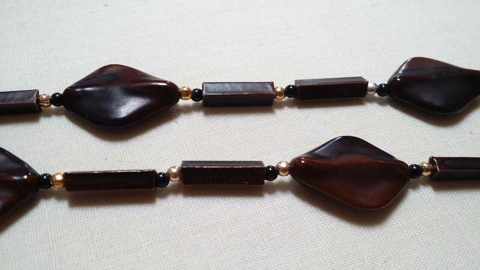 2 Vintage Bead Necklaces – Brown & Goldtone 50″ + Amber Ivory Black 54″ Used