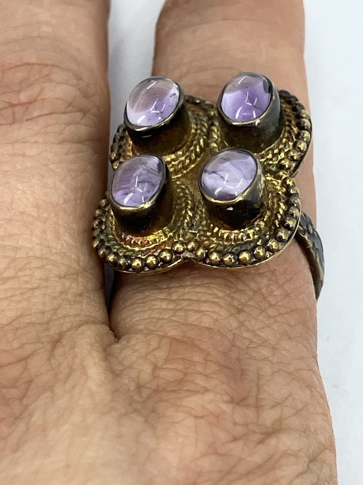 Vintage Sterling Amethyst Ring Boho Cabochon Cluster Gold Wash Silver 925