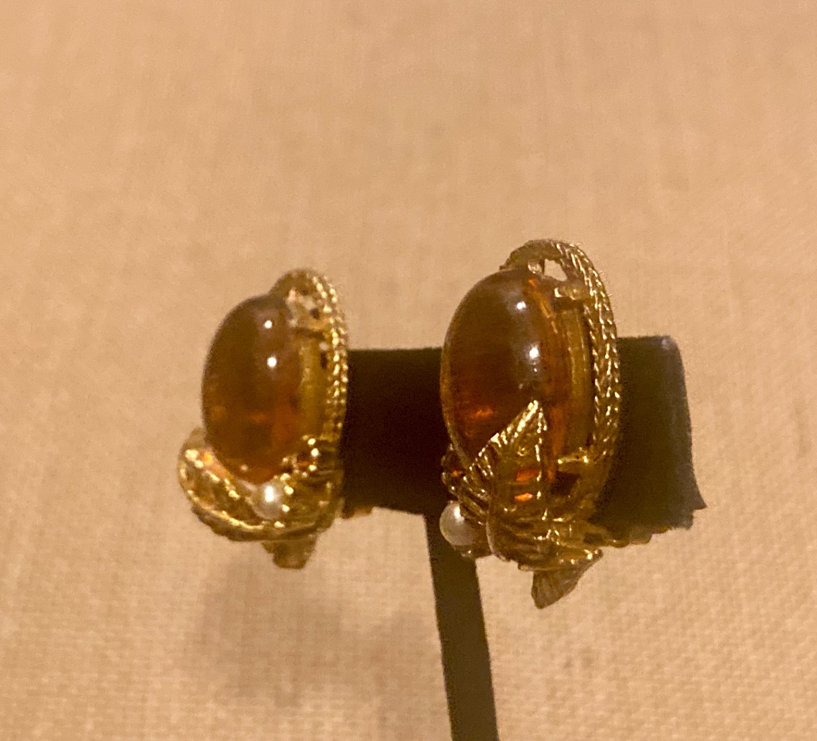 Vintage Faux Amber Glass Cabochon Earrings Gold Tone Leaf Faux Pearl Accent Clip