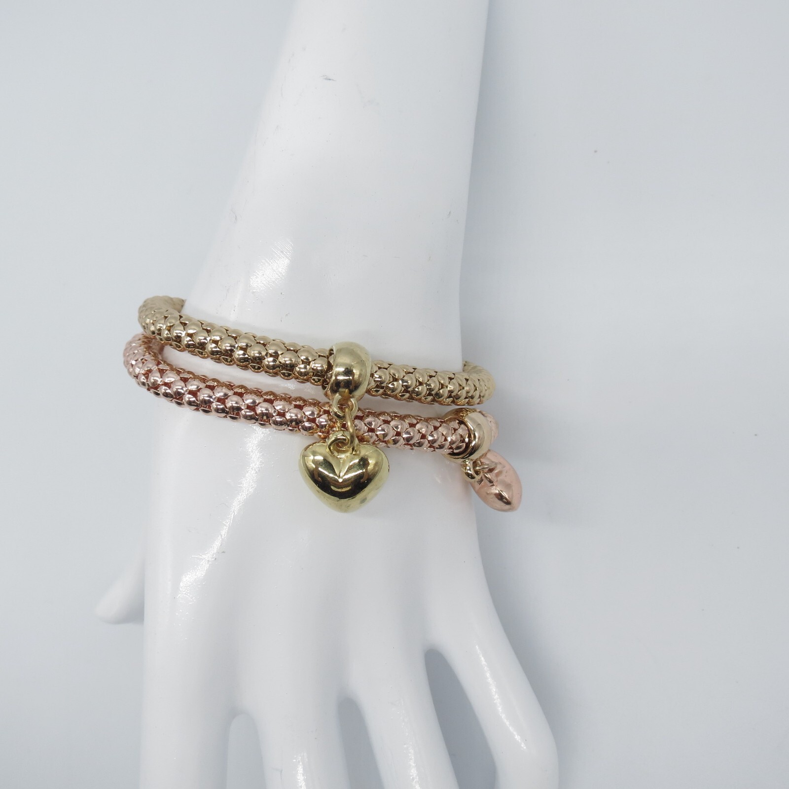 2Pc Puffy Heart Charm Stretch Bracelet Gold Rose Gold Tone Popcorn Chain