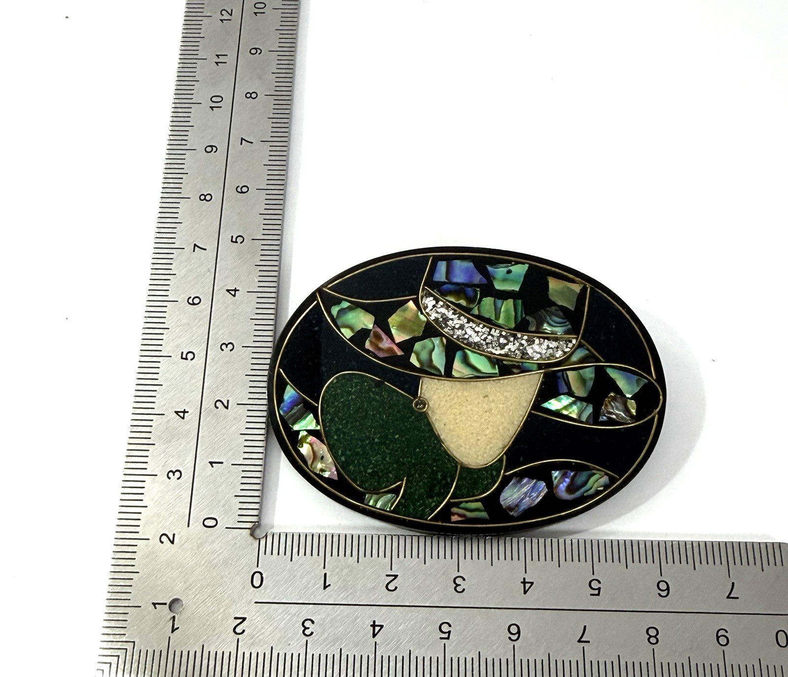 Vintage Paua Shell Brooch Earring Set Abalone Inlay Black Resin Art Deco Gatsby
