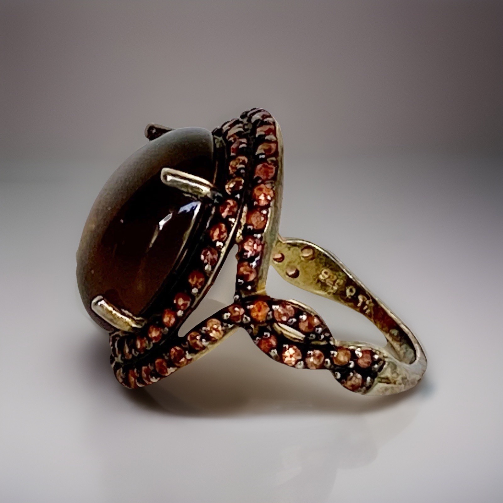 Clear Brown Stone w/Tiny Peach Stones Gold Plated Sterling Silver Ring TH , Sz 7
