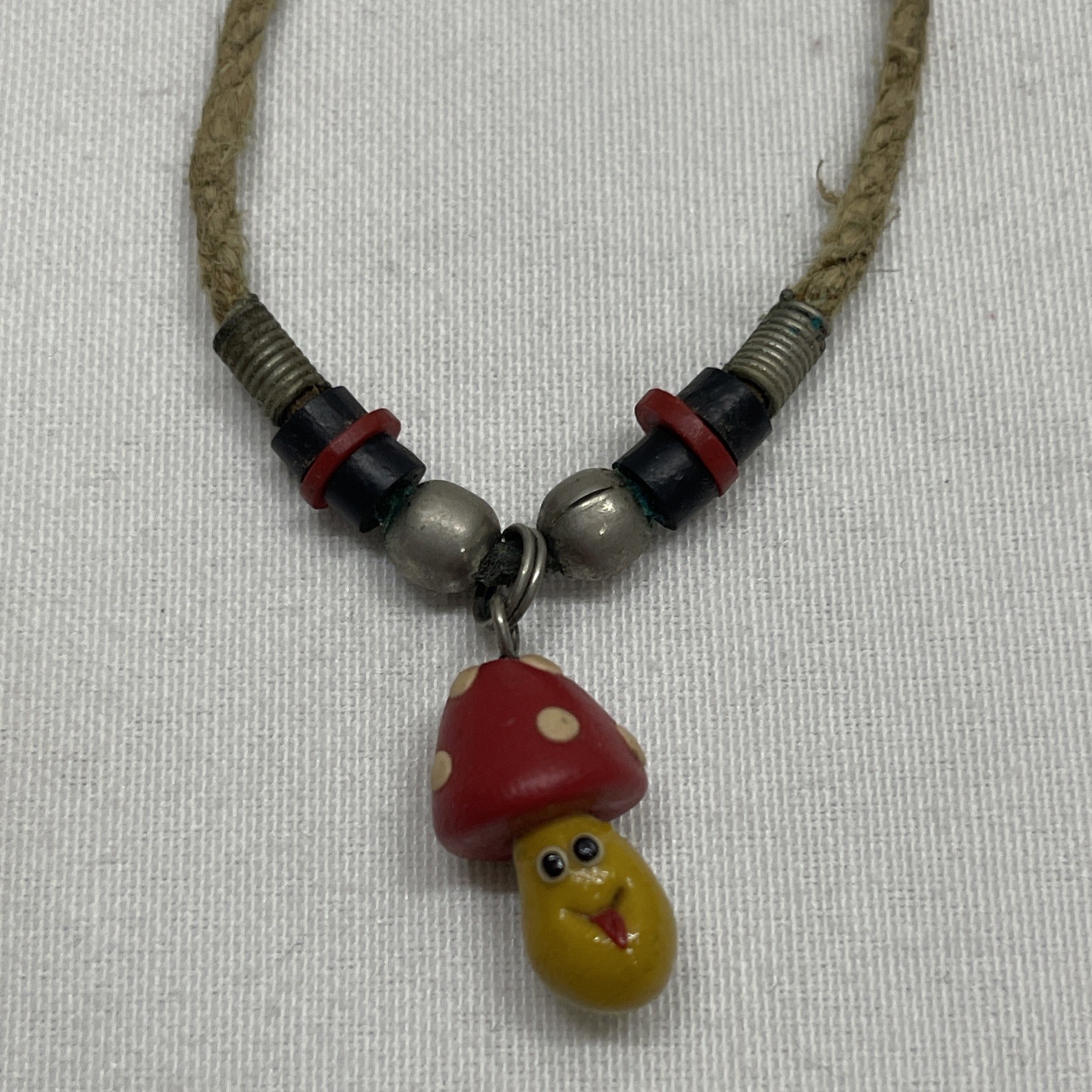 Vintage 17″ Hand Made Hemp Necklace With Shroom Mushroom Pendant Charm