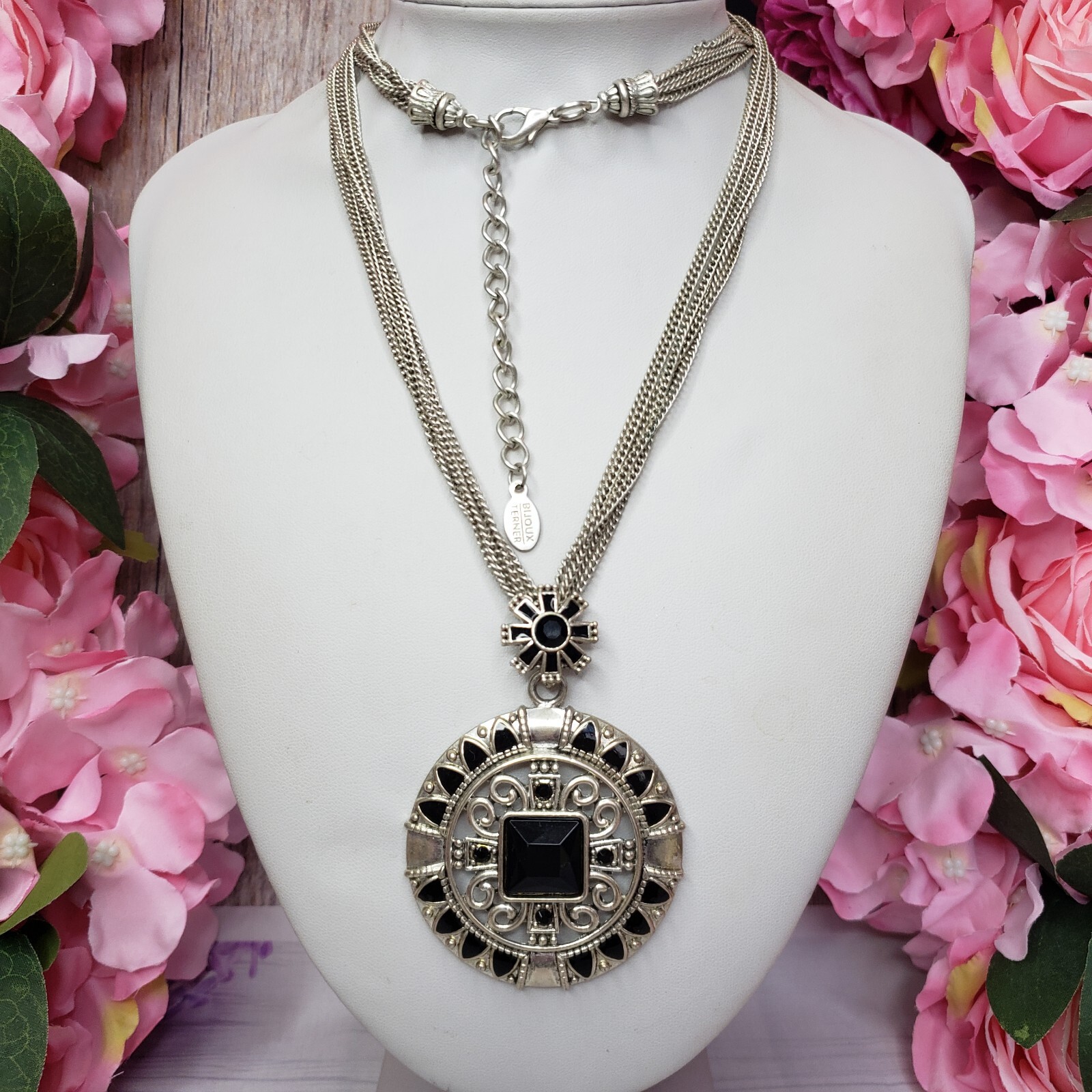 BIJOUX TURNER Black Lucite Rhinestone Round Pendant Silver Tone Chain Necklace