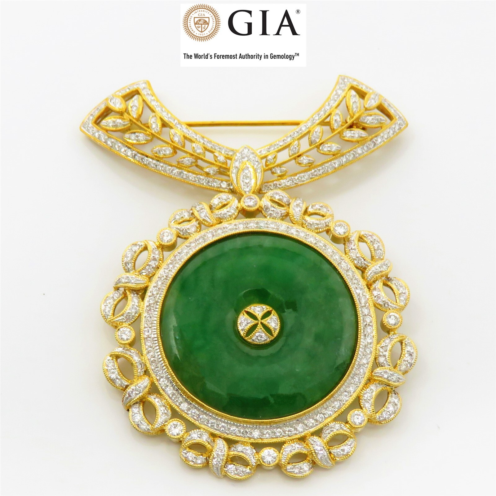 NYJEWEL GIA Certified 18k Gold Jadeite A Jade Fei Cui & 3.8ct Diamond Brooch 翡翠