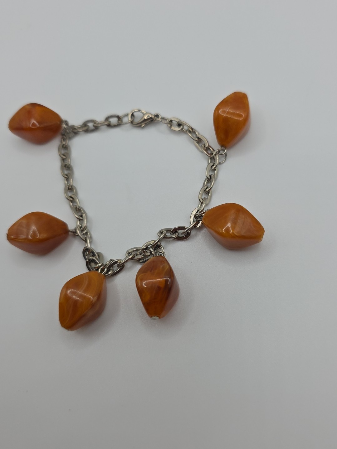 Vintage Marbled Orange Acrylic Charm Bracelet Chunky Retro Dangle Drop Charms