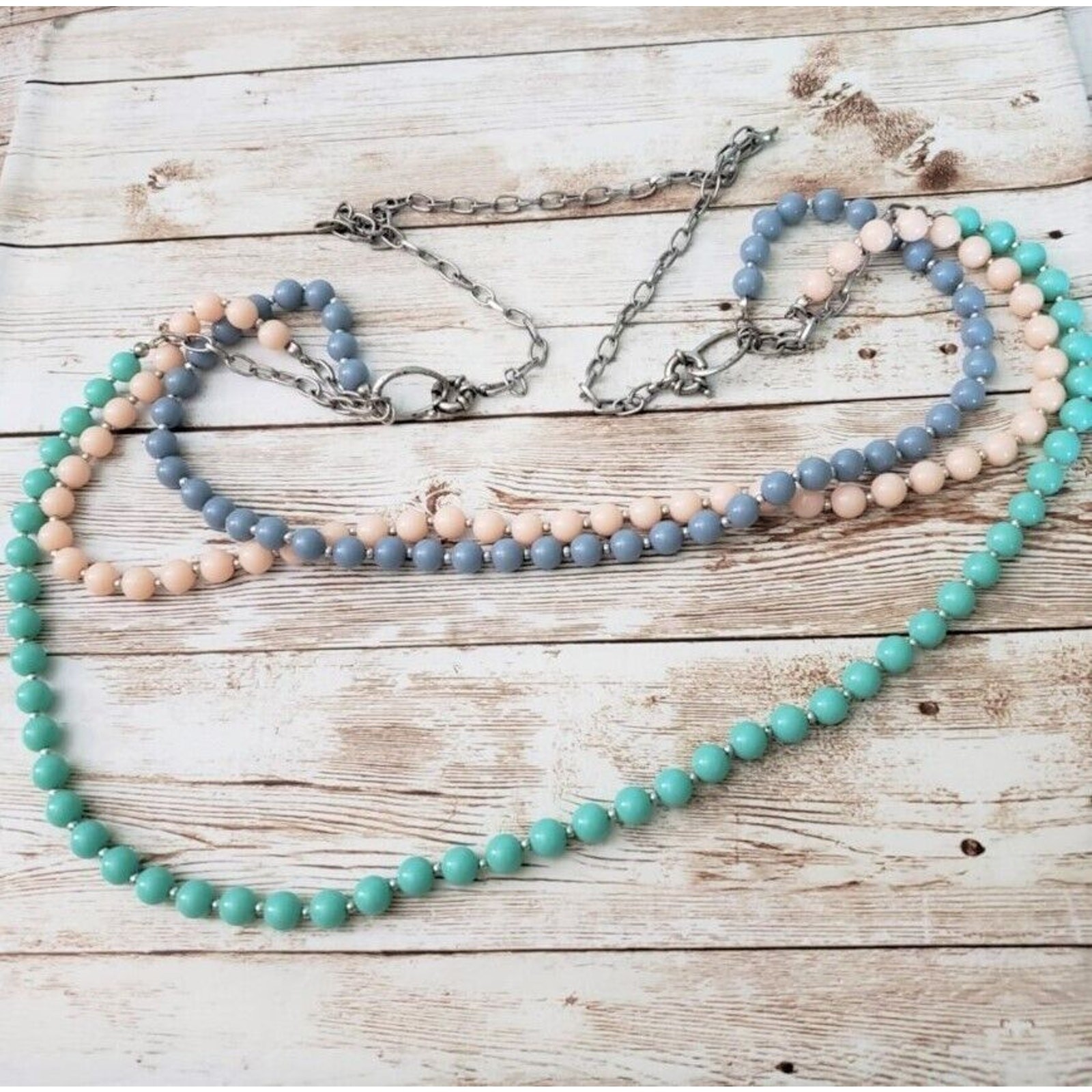 Vintage Necklace – Three Strand Layered Light Pink, Blue and Turquoise Tones