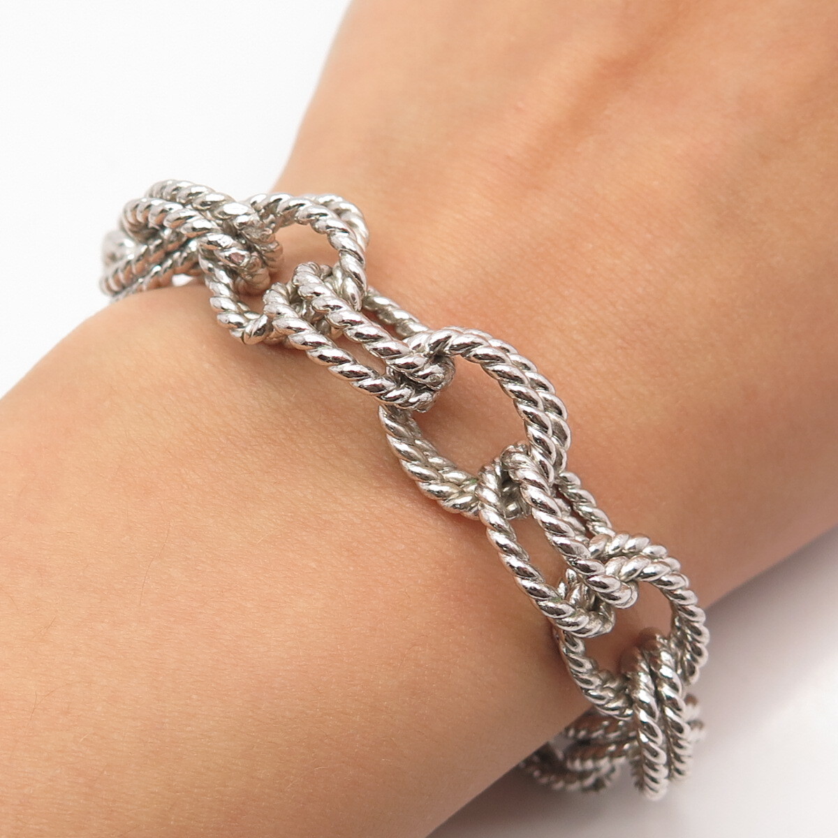 925 Sterling Silver Vintage Twisted Double Rolo Link Bracelet 6.25″