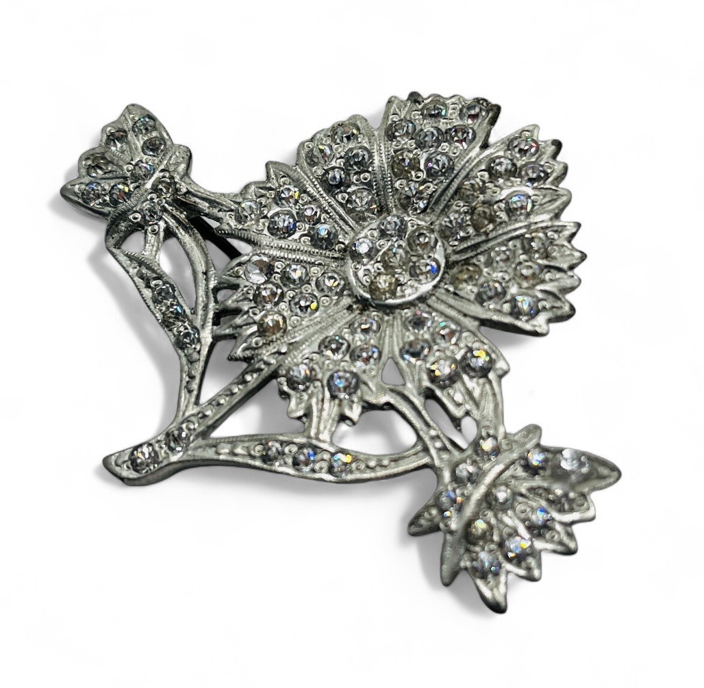 Vintage 1940s Old Hollywood Glam Pot Metal Flower Brooch