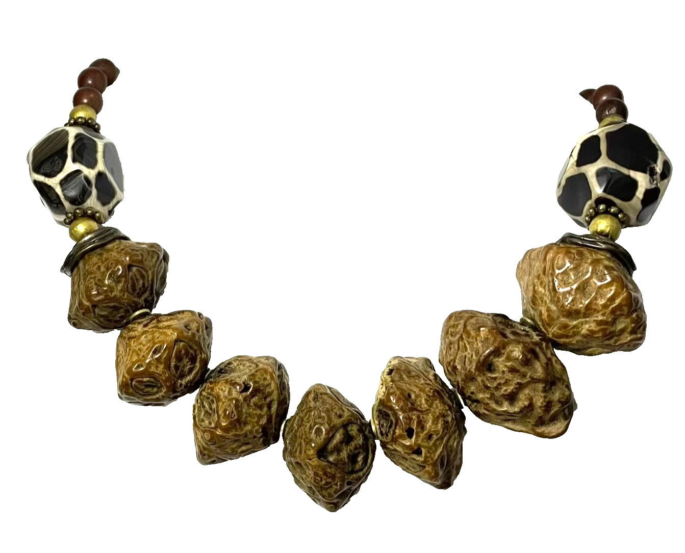 Paldao Dracontomelon Seeds & Honeycomb Agate Necklace Wire Clasp Artisan Vintage