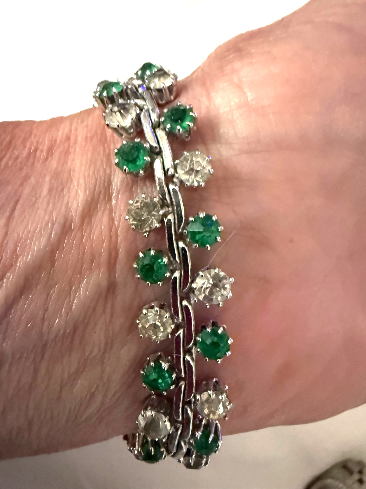 Vintage Crystal Emerald Diamond Rhinestone Silver Bracelet 7.25 inches Ornate