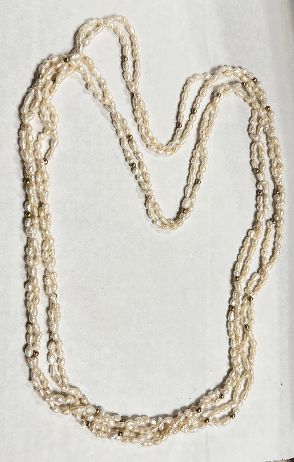 Long 56” Opera Length Necklace Rice Pearls & Gold Plated Beads, 2 Strand Twisted