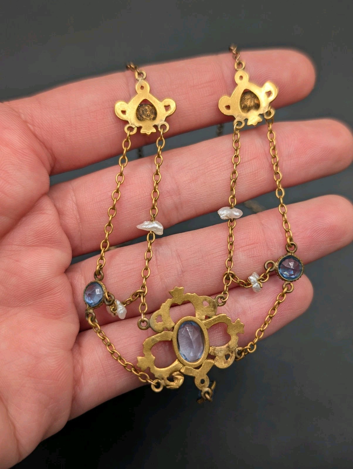 AMAZING Art Nouveau Era Festoon Blue Glass Pearl Antique Vintage Necklace 16″