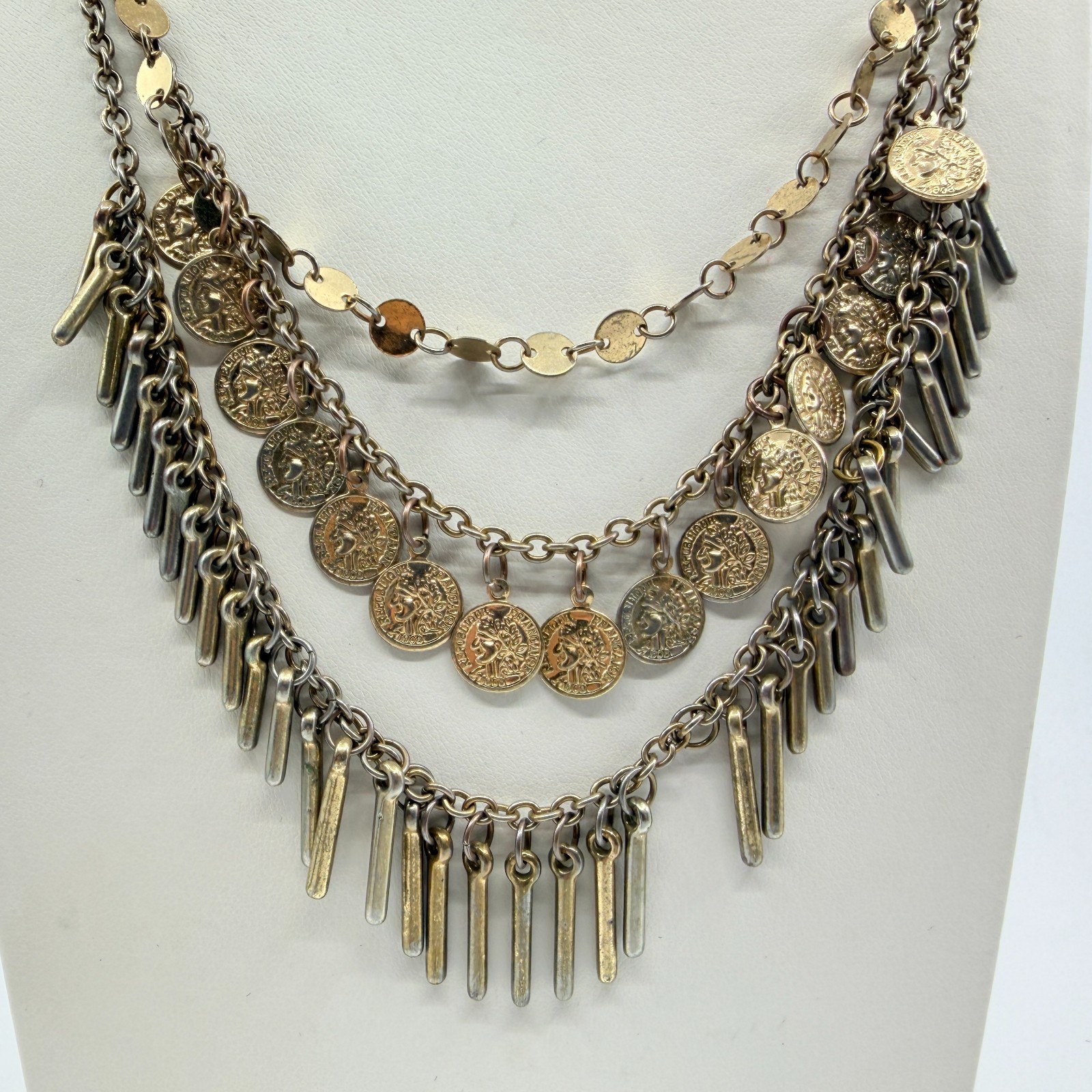 VTG Antique Gold Tone Multi Strand Coin Fringe Layered Statement BIB Necklace