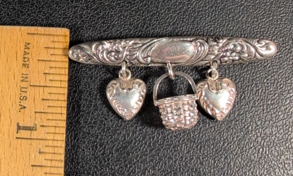 Bar Brooch Flowers &Scroll Design – Hearts and Basket Dangles – Sterling – Vtg