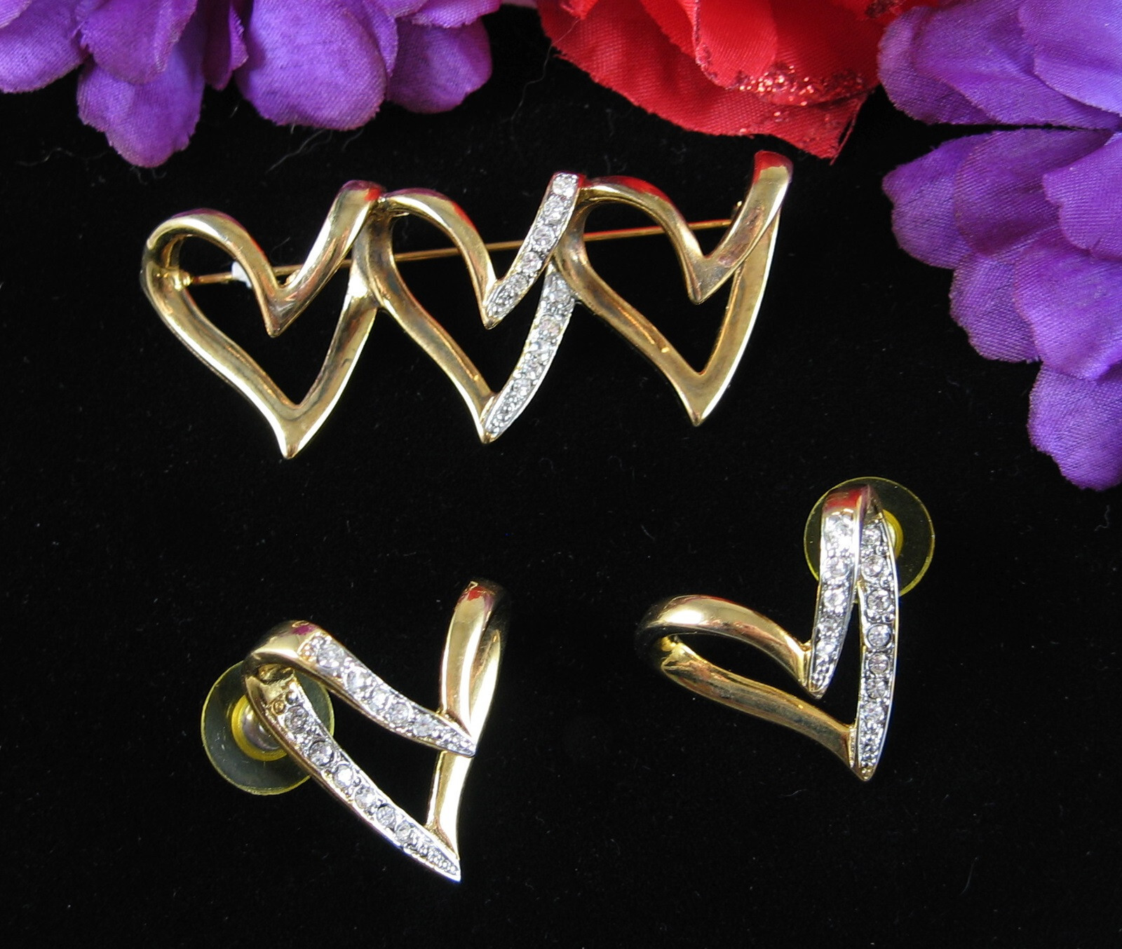 3/2 Rhinestone HEARTS Vintage PIN & EARRINGS Brooch Pierced Goldtone Silvertone
