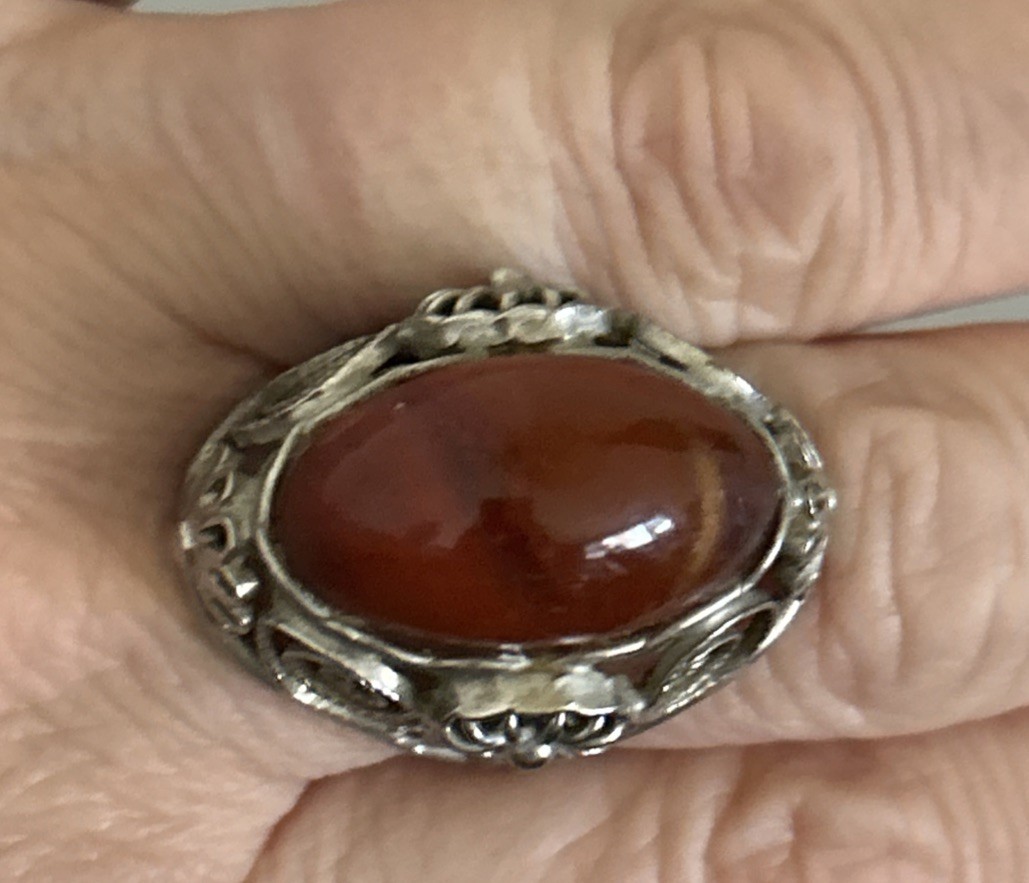 Antique silver plated brass amber ring size 7