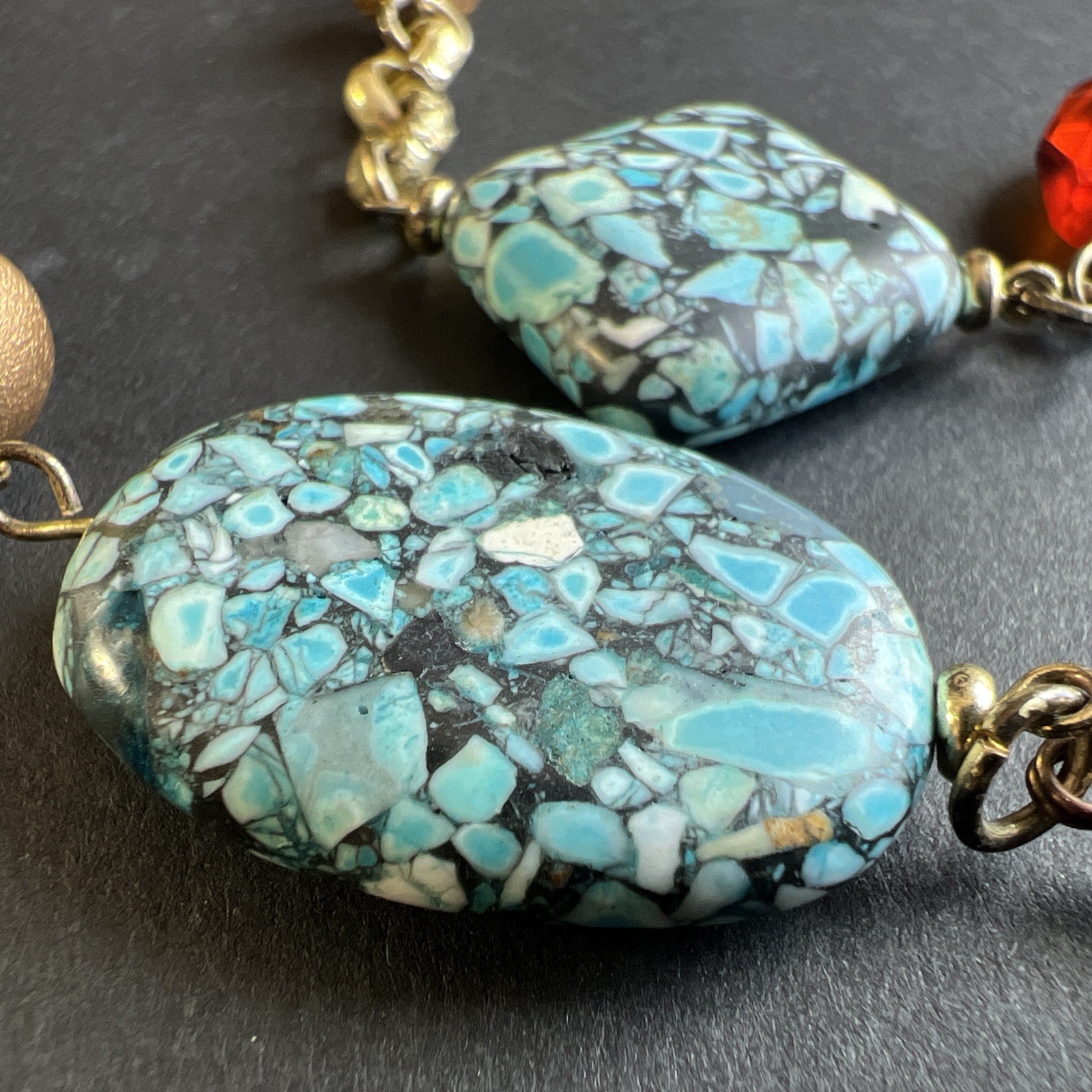 Vintage Turquoise Chip Inlay Beads Amber Mother of Pearl Abalone Bronze Necklace