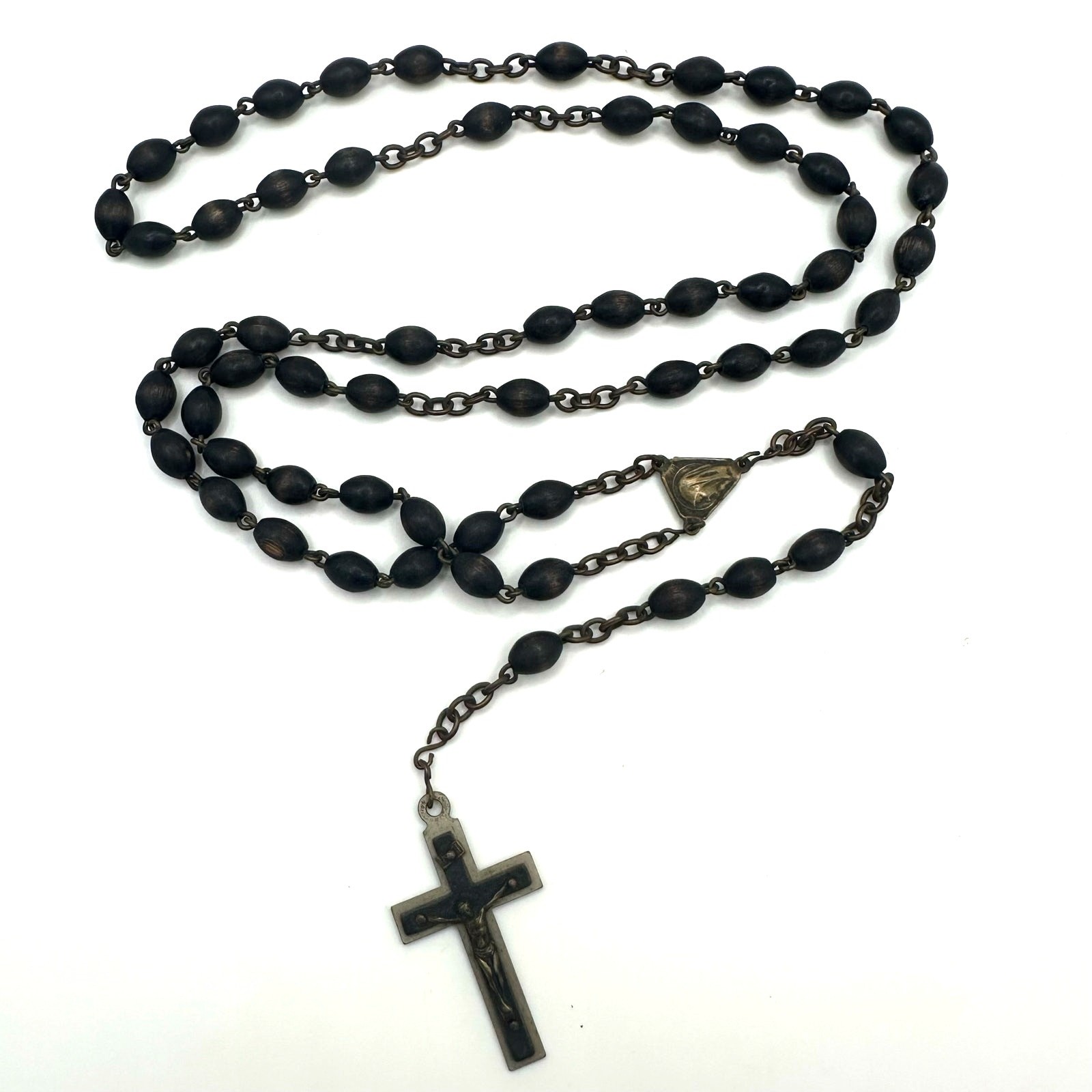 Antique Catholic brass black ebony beads beaded rosary prayer necklace