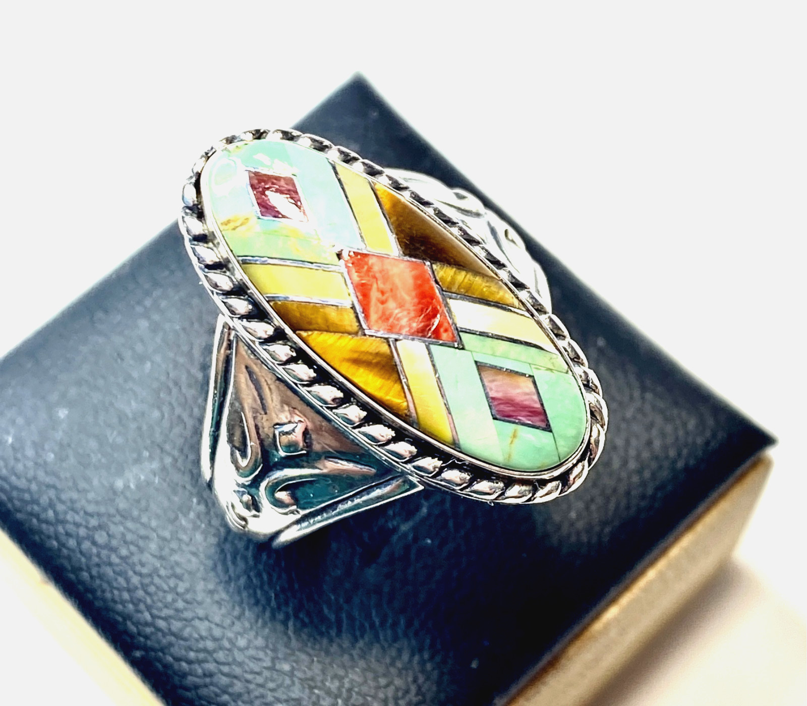 Vintage Carolyn Pollack Relios Sterling Silver Multi-gem inlay Ring Size 8 1/4