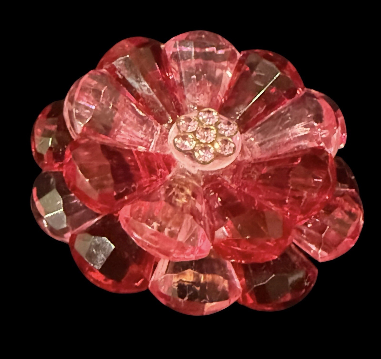 Signed Germany Pink, Red, Fuchsia Mid Century Vintage Lucite Flower Brooch