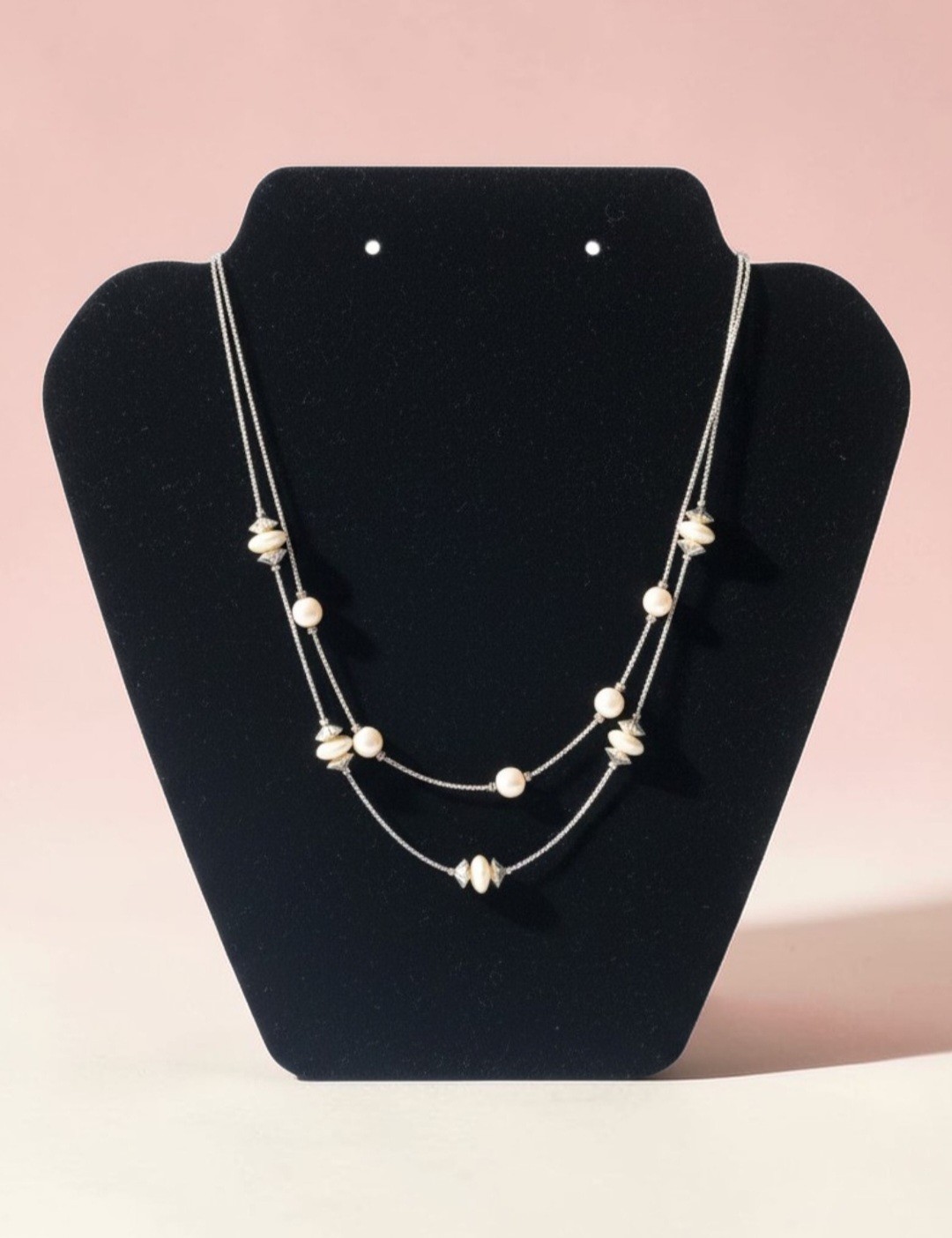 18″ Double Strand Gold-toned Chains W/Light-Colored Beads With Spacers Necklace