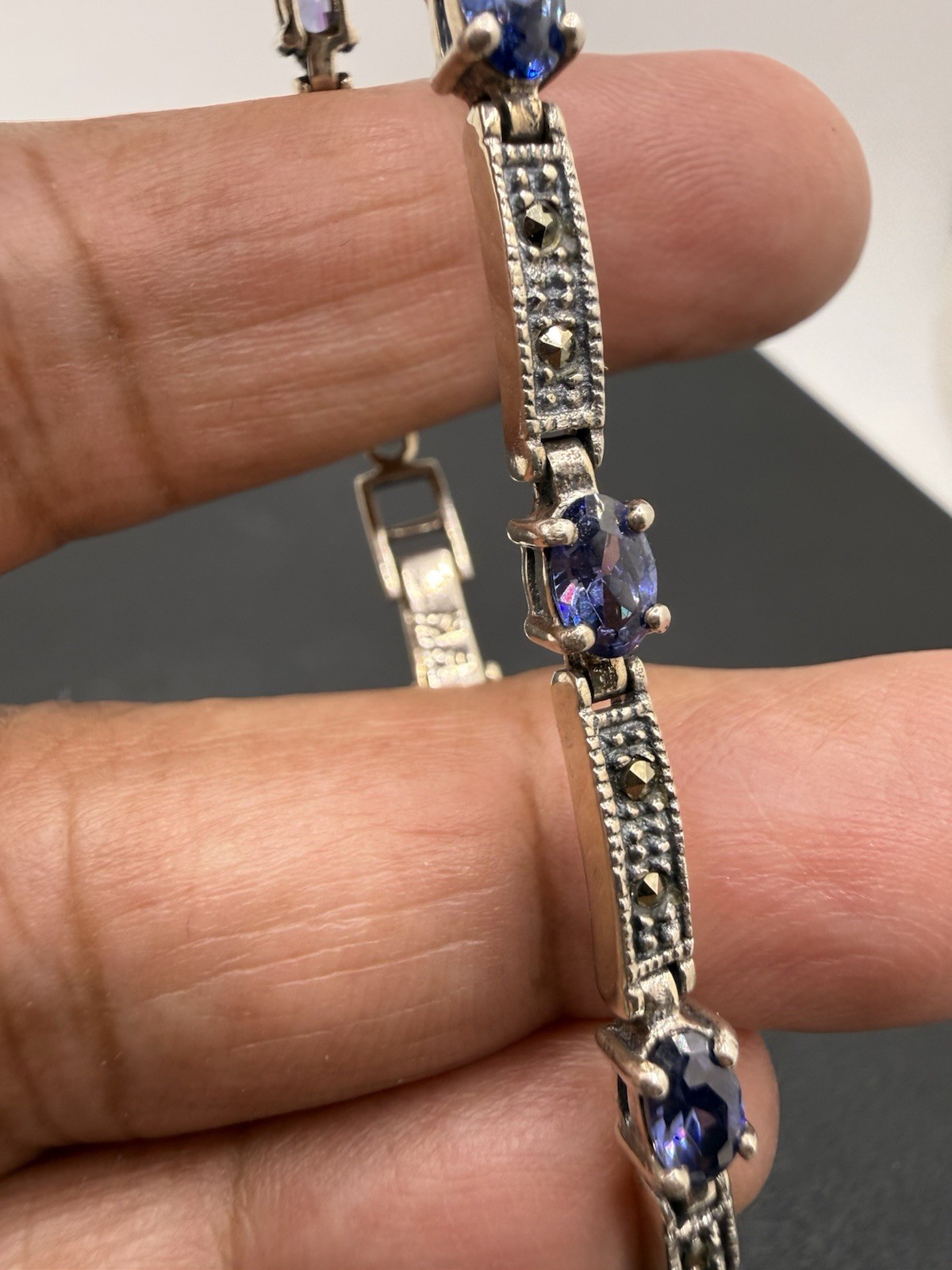 Vintage 925 CW Amethyst Marcasite Stone Panel Link Bracelet Sterling Silver 8”