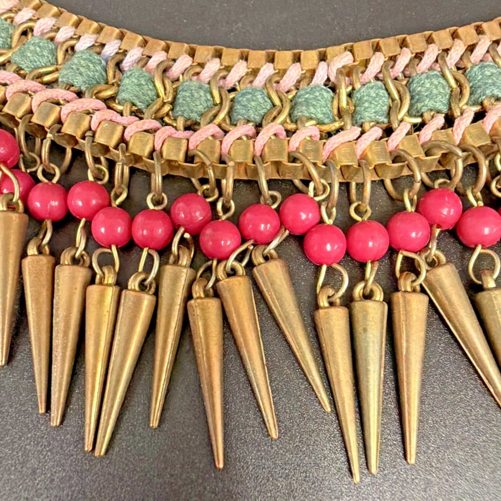 Vtg Egyptian-style Spiked BIB necklace W/ Copper Tone Spikes Pink & Green Beads
