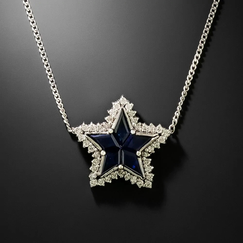 Star Shape Blue Sapphire & Lab-Grown Diamond Star Pendant In 14K White Gold FN