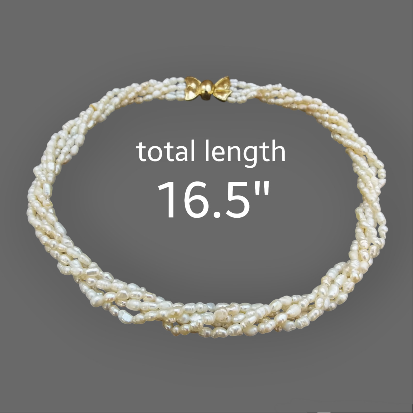 Freshwater Rice Pearls Multi Strand Necklace White Gold Tone Bow Clasp 16.5in
