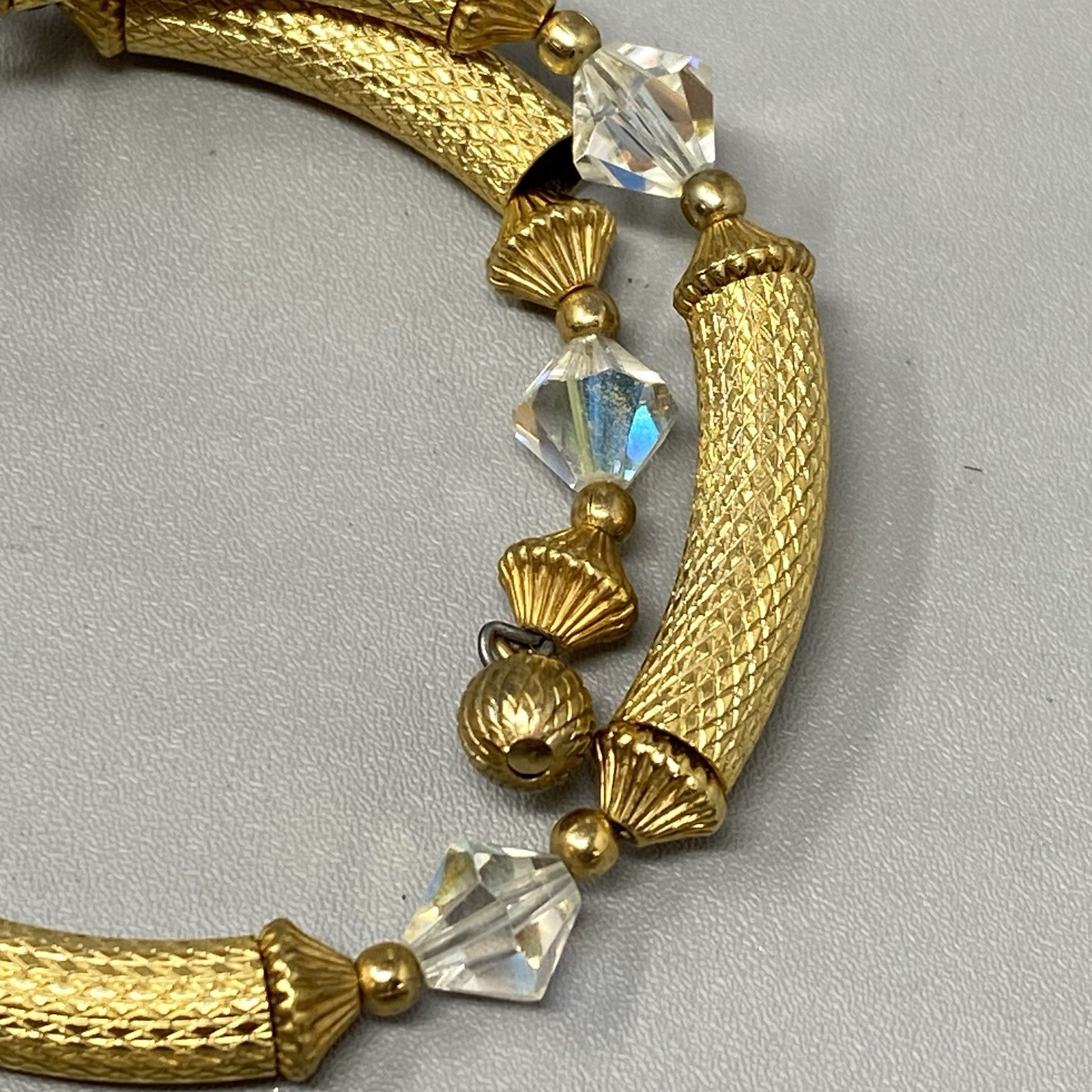Gold Tone Tube Wrap Bracelet Crystal Bicone Aurora Borealis Bead Accents VTG
