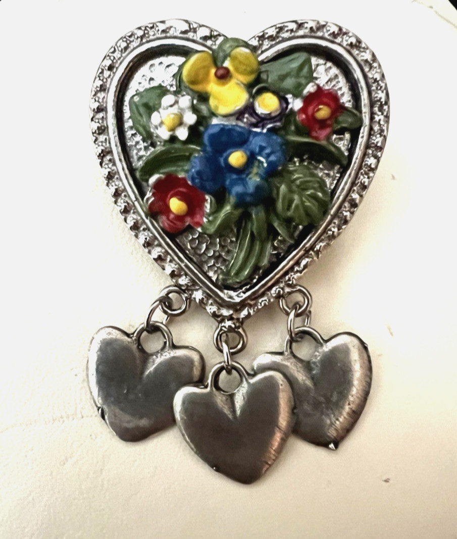 Vintage Hand Painted Enamel Hearts & Flowers Brooch/Pin 3 Dangling Hearts