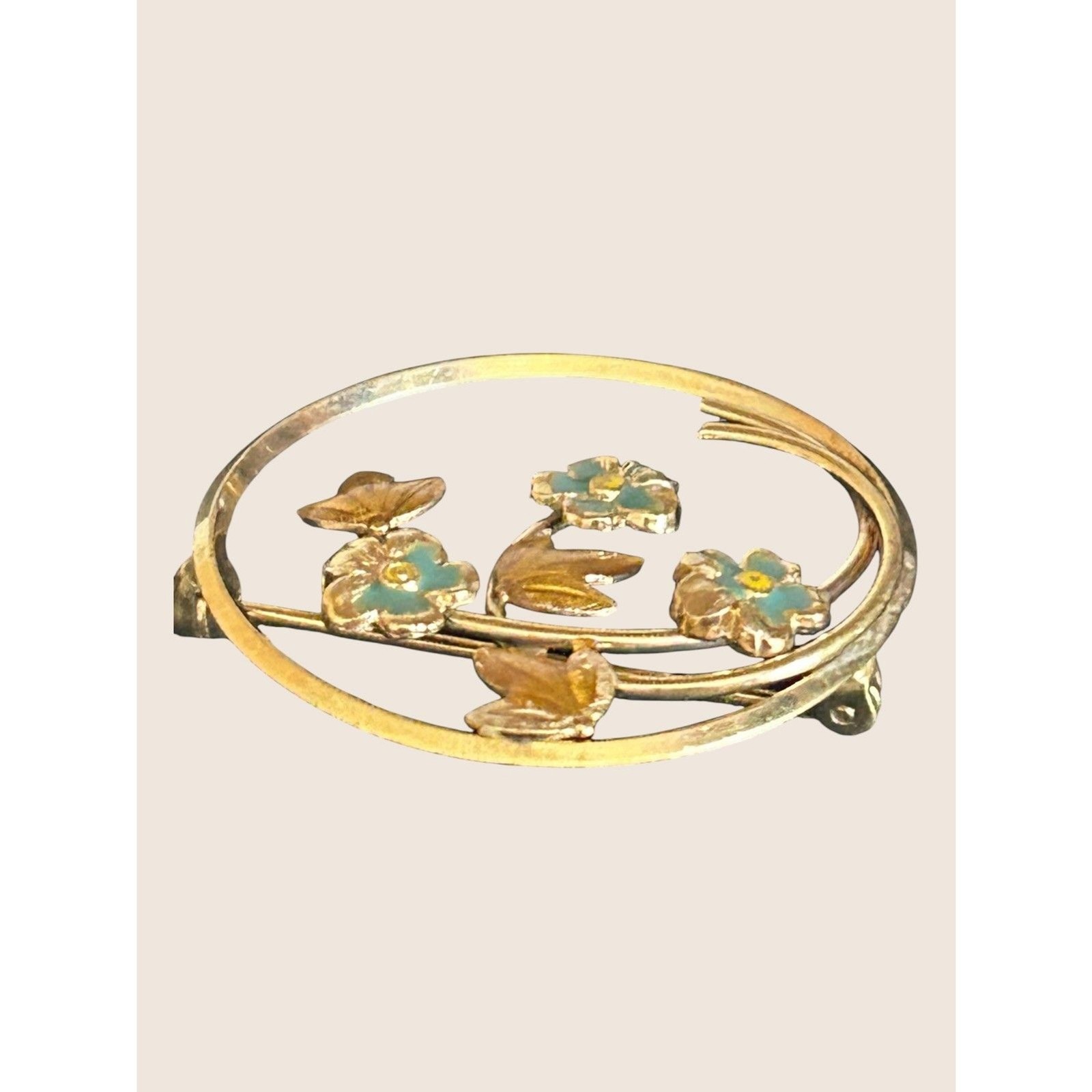 💐 VTG VAN DELL VD 12K GF CIRCLE BROOCH PIN FLOWER FLORAL ENAMEL RETRO DELICATE