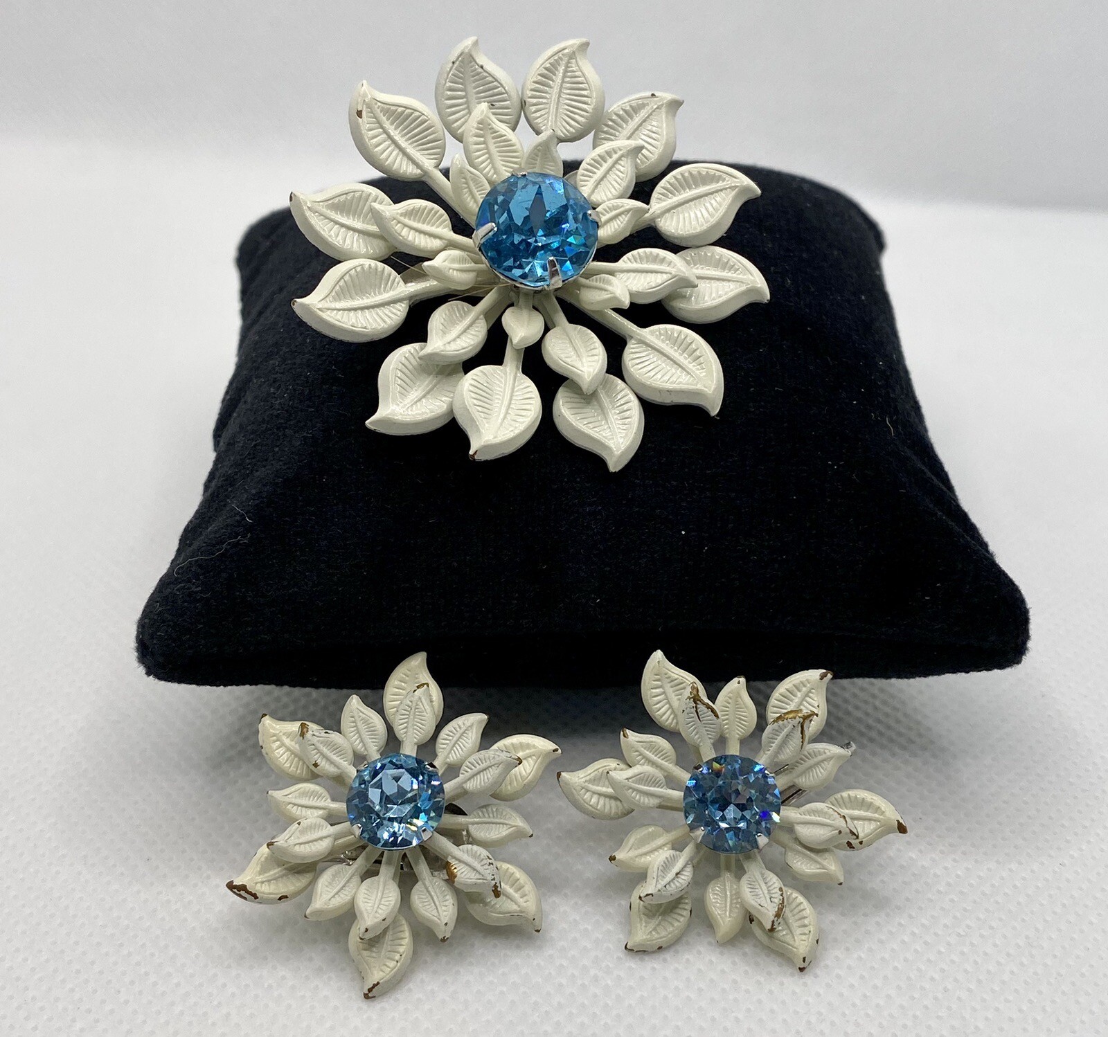 Vintage White Enamel Blue Topaz Rhinestone Flower Brooch & Clip-on Earring Set