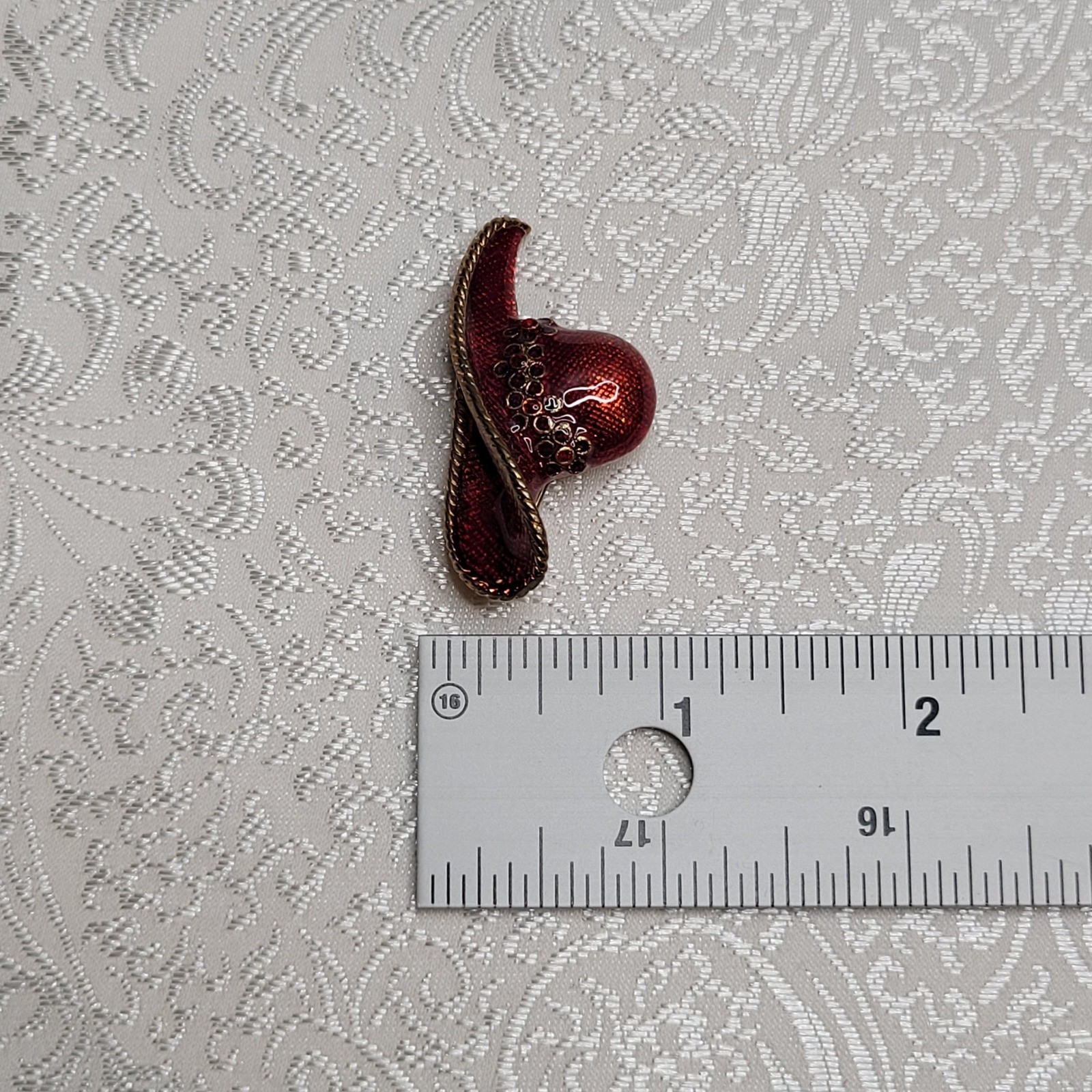 Vintage Gold Ruby Red Hat Society Brooch Enamel Floral Pendant Gift