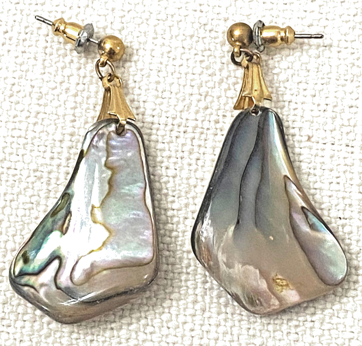 Vintage Style Iridescent Blue Green Abalone Shell Dangle Earrings Pear Shape