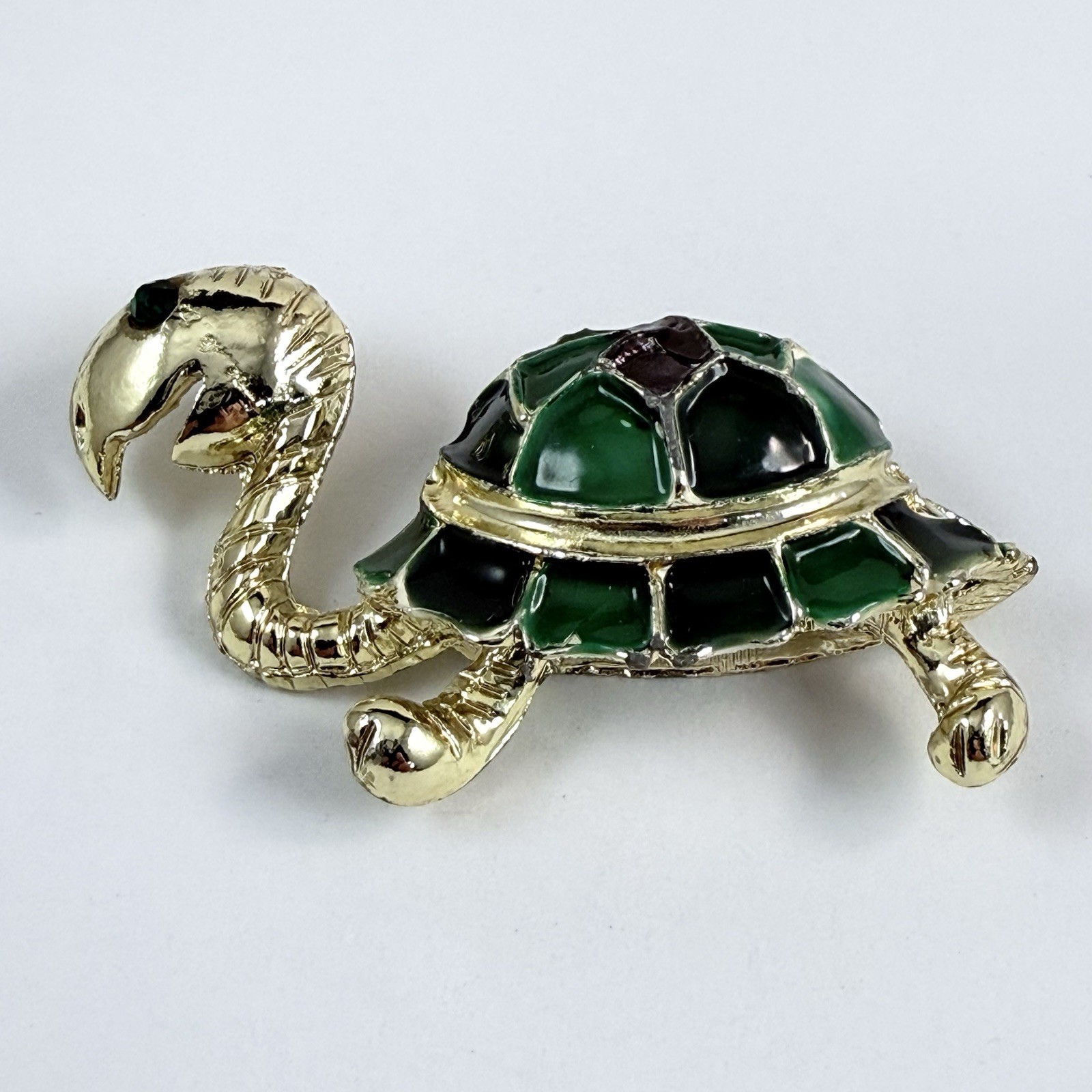 Vintage Rhinestone Green Enameled Turtle Brooch Gold Tone Pin