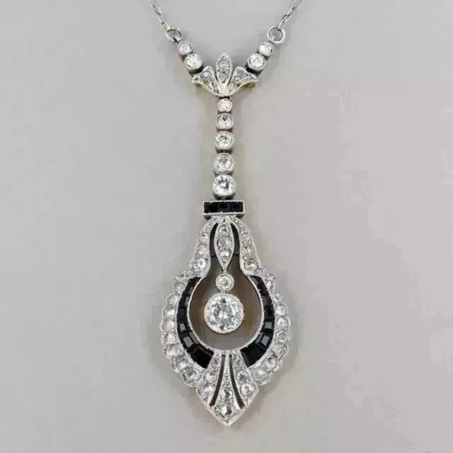 2Ct Art Deco Style Lab-Created Diamond & Onyx Wedding 14K White Gold FN Pendant
