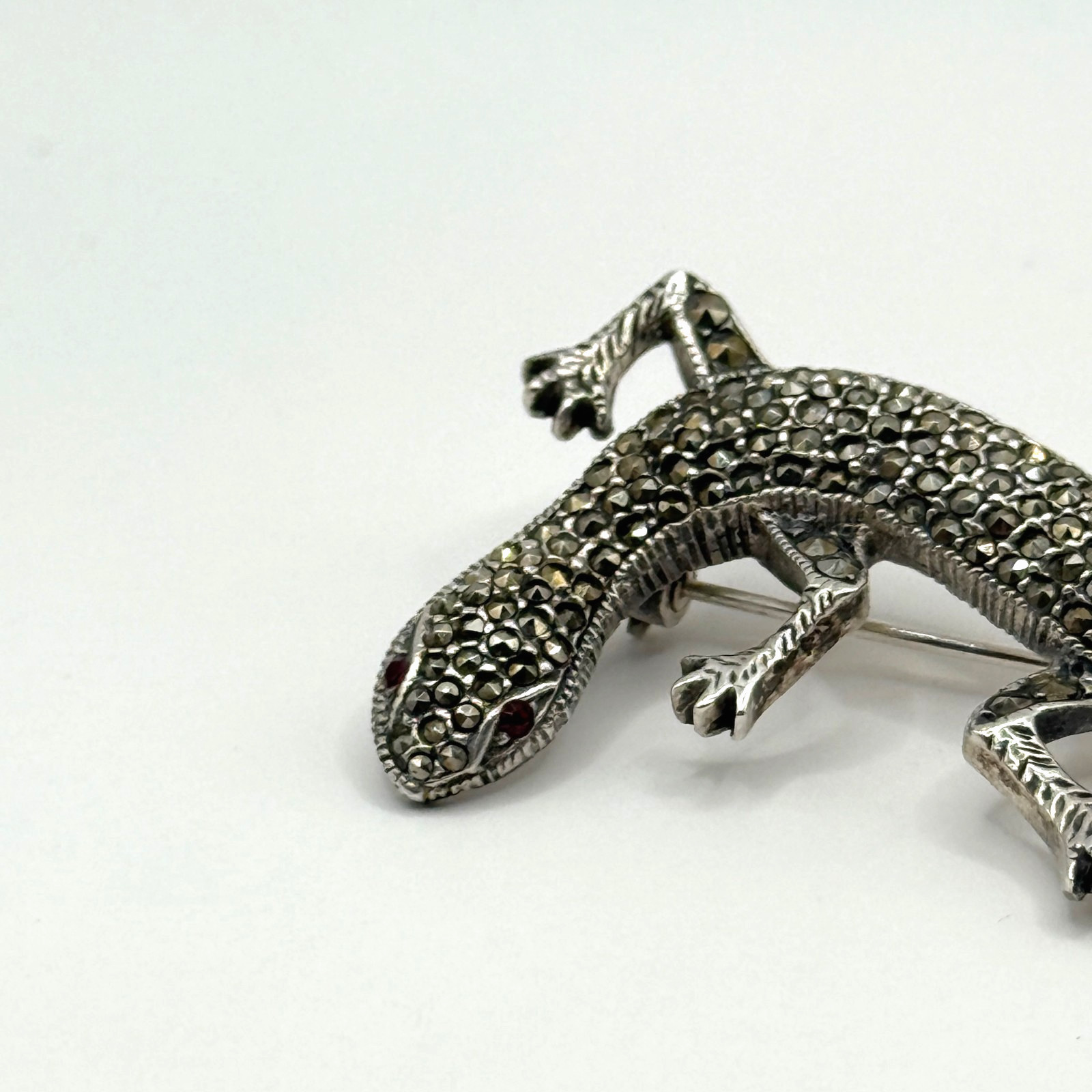 Vintage Marcasite Gem Lizard Pin Brooch 925 Sterling Silver Signed FJ 12.58g