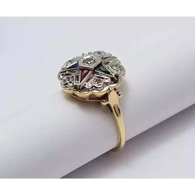 Eastern Star Multi-Color Lab Created Diamond 14K Gold FN Art Deco Wedding Ring