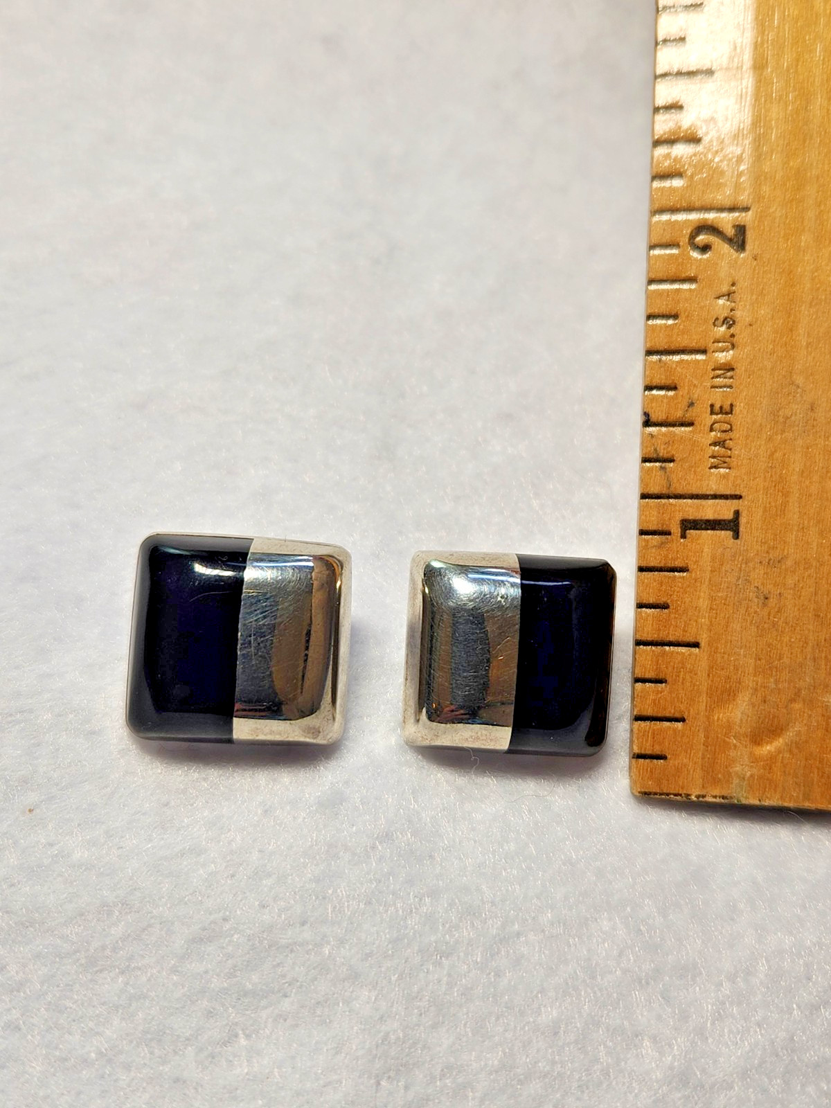 Vintage ATI Mexico 925 Sterling Silver Black Onyx Square Post Earrings VG Cond