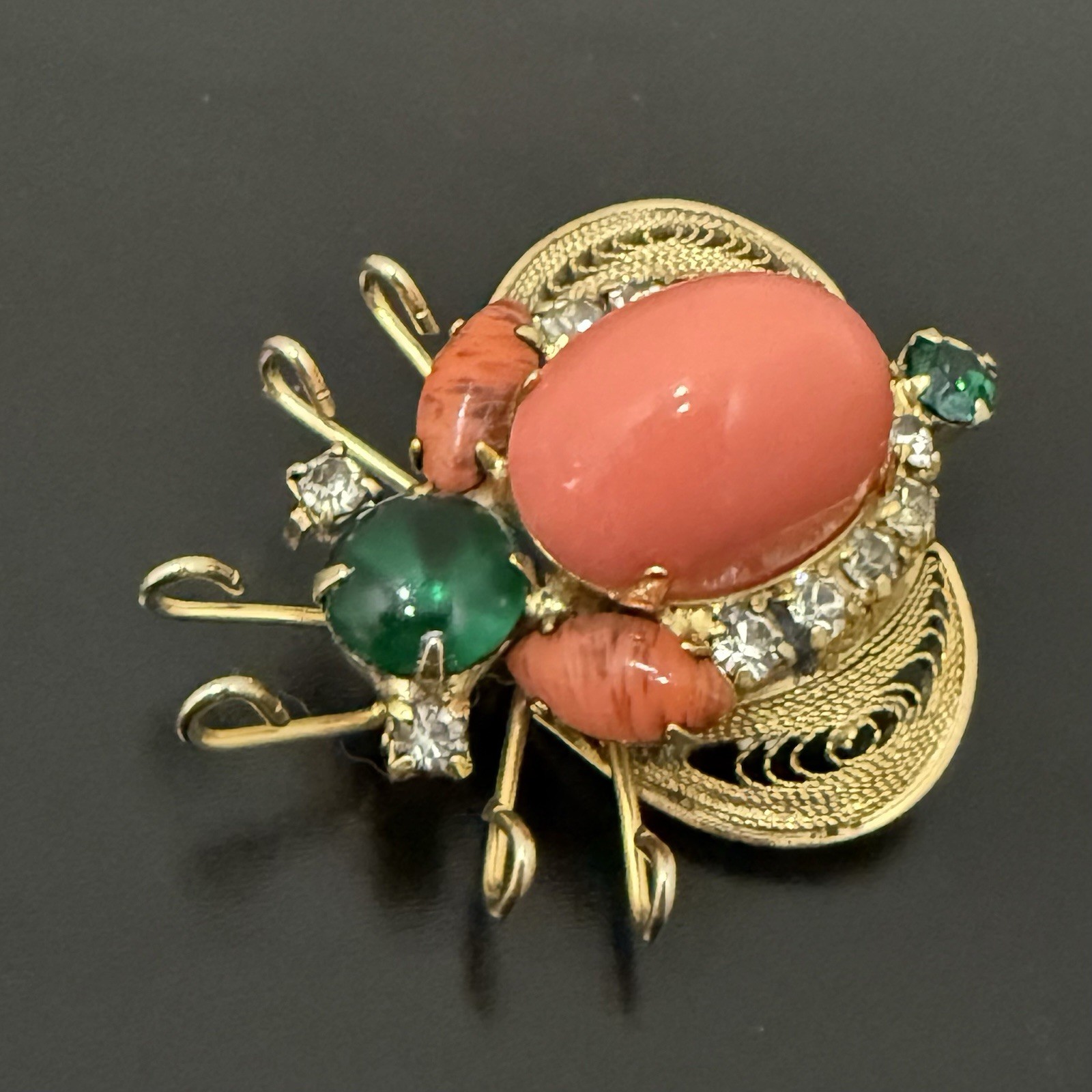 Rare Juliana Delizza & Elster Faux Coral Cabochon Rhinestones Beetle Bug Brooch