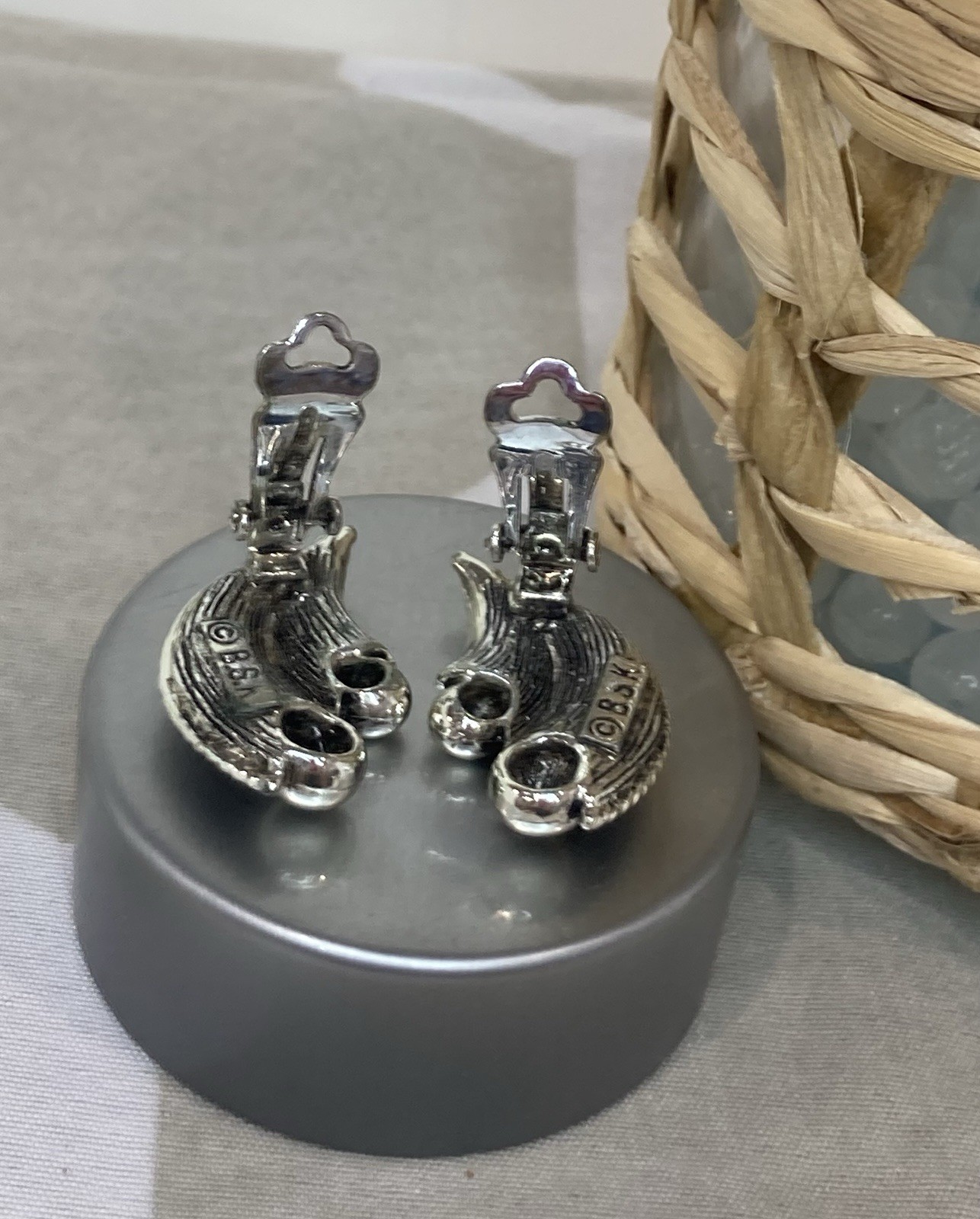 Vintage Signed BSK Silver Tone Clip-On Scroll Earrings – Approximately 1/2” Long