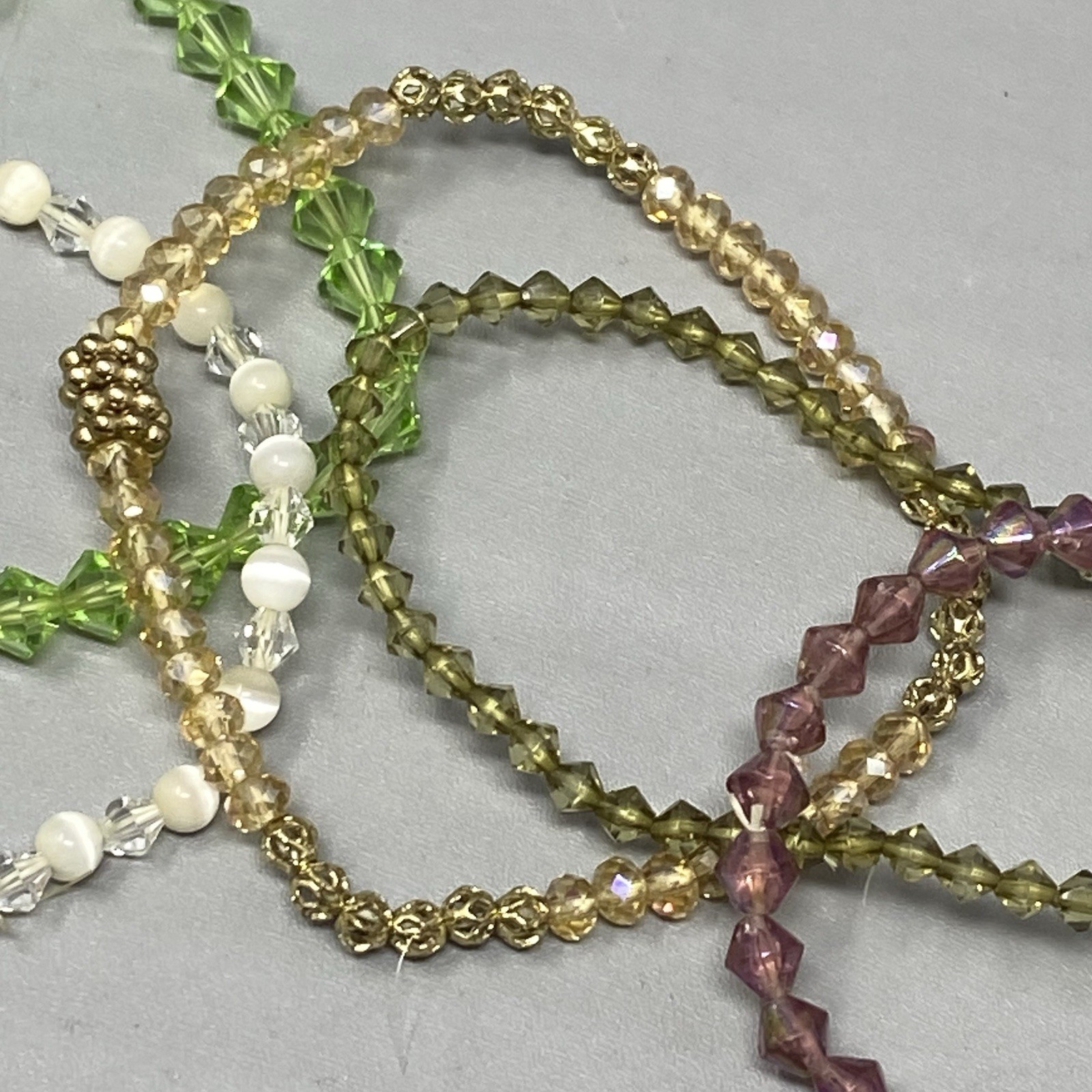 Glass Beaded Bracelet Lot (5) Purple Green White Stretch Mini Faceted Coated 6″