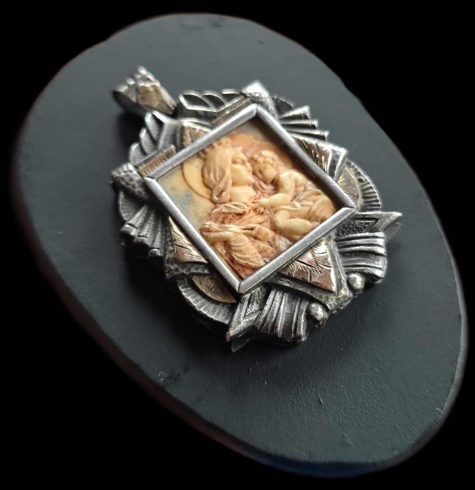 Fine Antique Art Nouveau Silver Gold Madonna Virgin Mary and Jesus Pendant C1900
